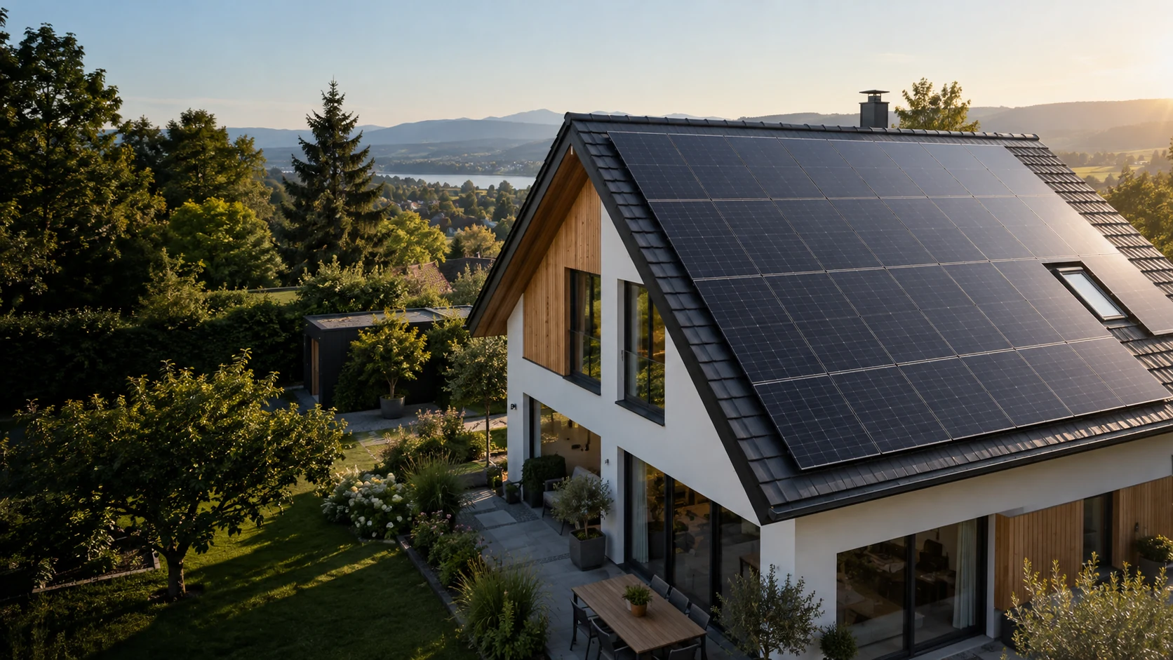 Illustrative Aufnahme eines modernen Hauses mit Photovoltaik auf dem Dach