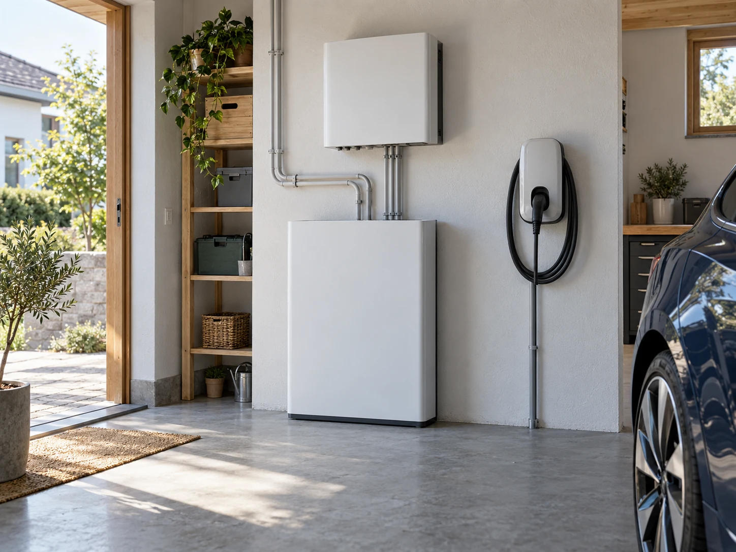 Illustrative Darstellung eines modernen Zuhauses mit Speicher und Wallbox